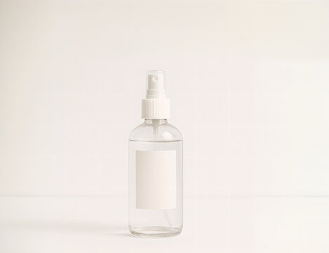 Clear plastic spray bottle mockup with blank label, isolated on white background, ideal for cosmetic, skincare, or cleaning product branding and packaging design presentation

