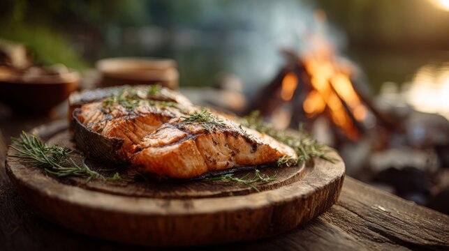 Grilled salmon fillets on a wooden plate by the campfire  