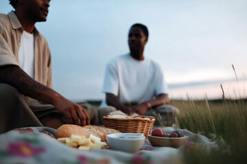 Romantic young man enjoying beach sunset picnic with dreamy expression and ocean view