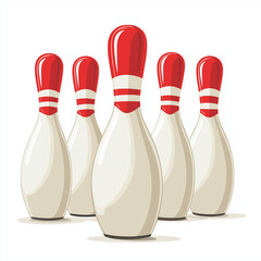 Five classic bowling pins with red and white stripes arranged in a formation
