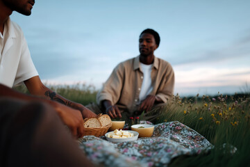 Romantic young man enjoying beach sunset picnic with dreamy expression and ocean view