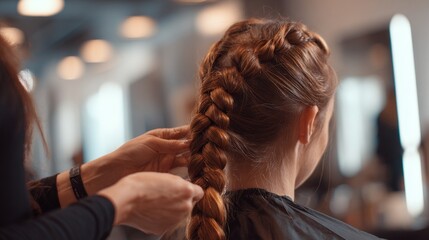 Woman getting braid hairstyle done by stylist in modern salon  