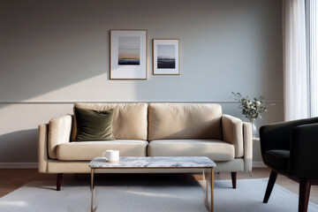 Modern minimalist living room with neutral beige sofa, wooden coffee table and framed wall art
