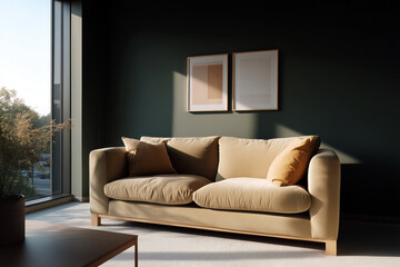 Modern beige sofa in stylish minimalist living room with dark green walls and framed artwork