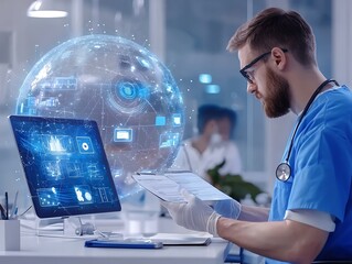 Healthcare Professional Analyzing Data with Digital Globe Interface in Modern Medical Office Environment