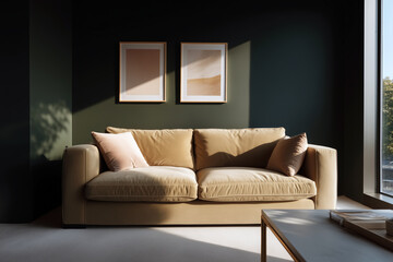 Modern beige sofa in stylish minimalist living room with dark green walls and framed artwork