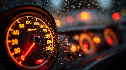 Closeup of car speedometer with raindrops on glass during night  