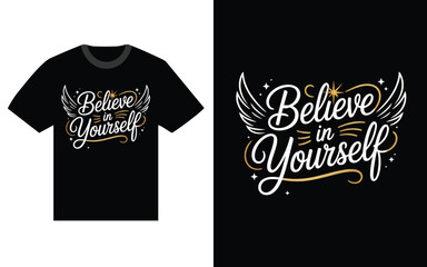 Believe in yourself motivational quote with elegant wings and stars design
