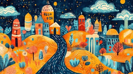 Whimsical nighttime village with colorful houses and starry sky