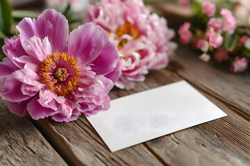 Obraz premium Invitation blank card mockup with peony flower