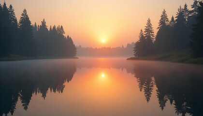 Fototapeta premium Lake at Sunrise with Forest Reflection and Fog