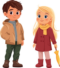 Cartoon boy in jacket and girl with umbrella in autumn clothes vector illustration
