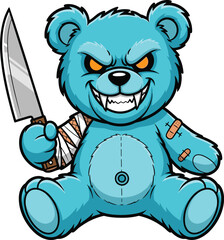 Angry blue teddy bear with knife, scary stuffed toy illustration, horror plush toy clipart, creepy cartoon bear graphic, stitched doll with bandages