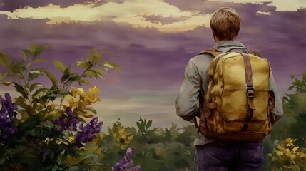 Adventurer with backpack enjoying serene sunset in nature