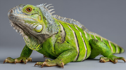 Fototapeta premium Green iguana isolated on gray background. Studio shot with soft shadow.