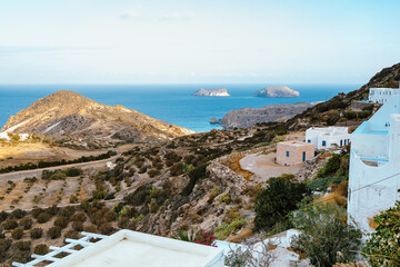 Panoramic view over Milos island coastline, Greece