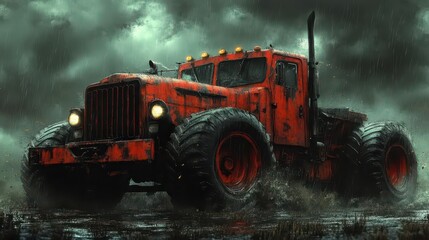 Stormy Road, Red Tractor, Muddy Terrain