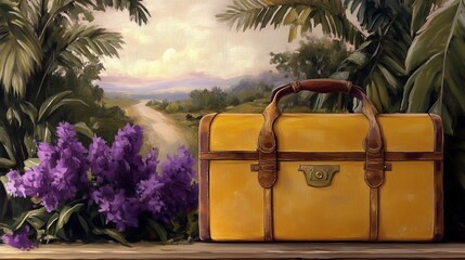 Vintage leather suitcase amid tropical foliage and lilac blooms in serene landscape setting