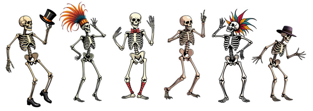 set of Festive skeletons dancing with hats and colorful accessories, celebrating in lively poses