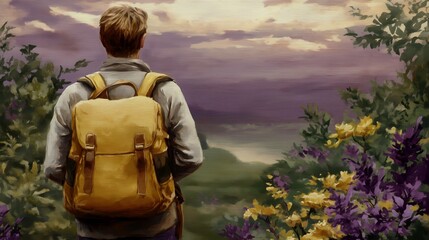 Backpacker enjoying scenic sunset over lush valley with vibrant wildflowers