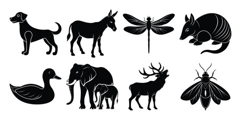 A collection of animal silhouettes are displayed on a white background