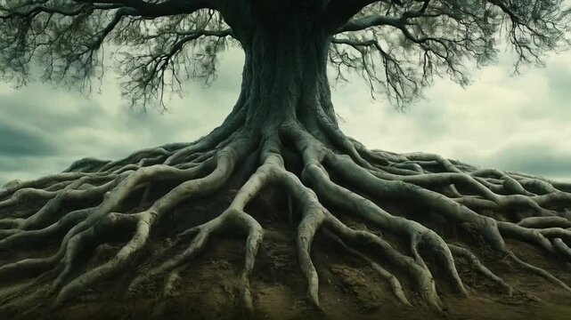 Majestic Tree Roots Reaching Into Earth Beneath Stormy Sky

