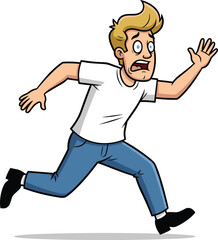 Cartoon man running in panic, scared character illustration, frightened male person escaping danger, emergency scene drawing, comic style action run, expressive fear pose