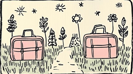 Whimsical landscape with pastel suitcases and hand-drawn flowers