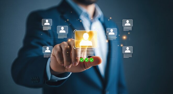 A businessmans finger selects a glowing profile icon from a digital interface, surrounded by other user profiles, representing human resource management and recruitment