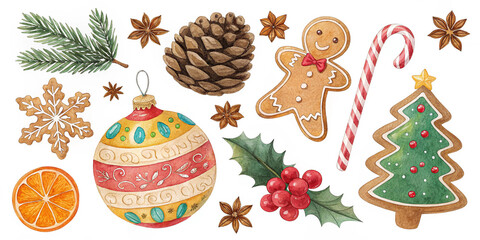 watercolor illustration of Christmas and New Year decorations, drawings: ball, pinecone, gingerbread, sweets, biscuit, gingerbread man, Christmas tree, snowflake, anise, holly, candy cane, orange