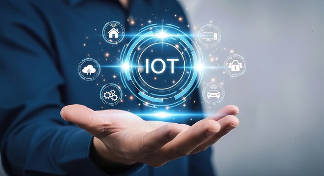 A person holds out their palm displaying a glowing circular interface with the word iot and various connected technology icons