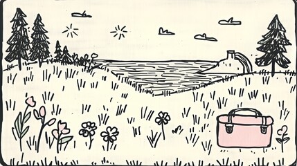 Whimsical beach day: hand-drawn landscape with flowers and ocean view