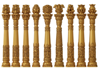 Golden Indian Temple Pillars, Diverse Ornate Architectural Columns, Traditional Hindu Design Set