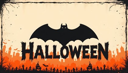 minimalist halloween poster with a single large silhouette of a bat against a gradient orange and black background, bold typography.