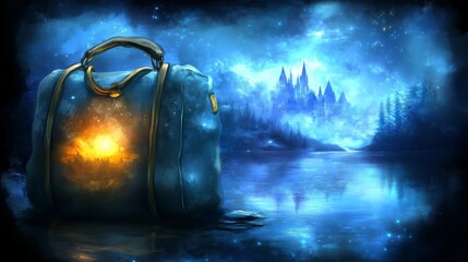 Magical suitcase and enchanted castle reflections in a dreamlike nightscape