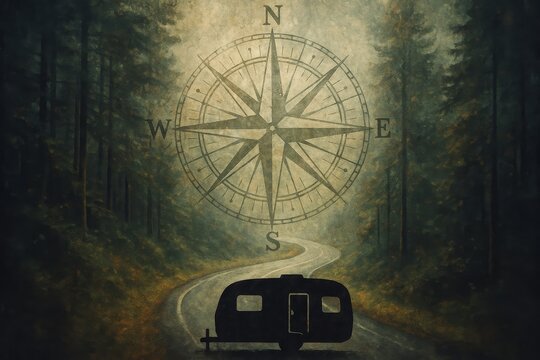 Silhouette of a travel trailer on a winding forest road with a large compass symbol in the misty background.

