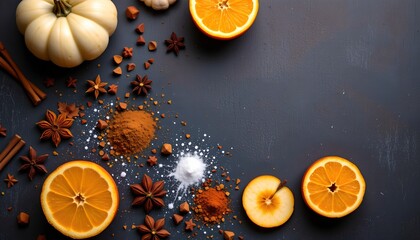 flat lay of ingredients for making mulled cider with halloween themed spices and fruit slices.