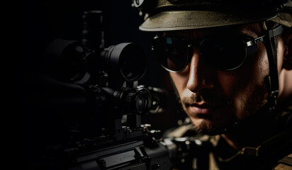 closeup face of a soldier aiming his target in darkness, war consept in hyper realistic illustration