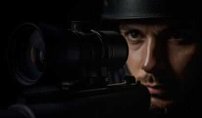 closeup face of a soldier aiming his target in darkness, war consept in hyper realistic illustration
