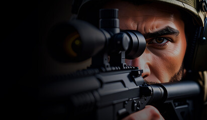 closeup face of a soldier aiming his target in darkness, war consept in hyper realistic illustration