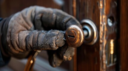 Gloved Hand Turns Aged Brass Doorknob, Unlocking Secrets and Adventures Behind a Weathered Wooden Door with Intriguing Keyhole