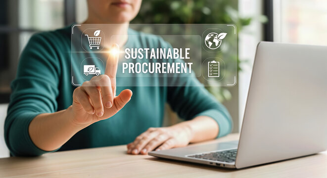 A person points to a holographic interface displaying sustainable procurement with icons representing shopping, logistics, and environmental responsibility