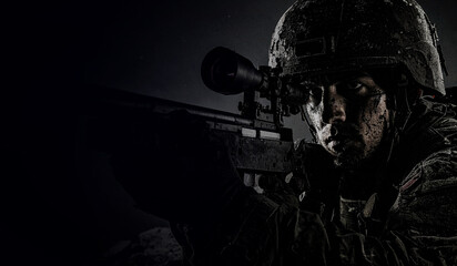 closeup face of a soldier aiming his target in darkness, war consept in hyper realistic illustration