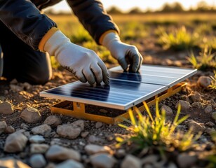  Scientist installs compact solar panels in open terrain to power field instruments.