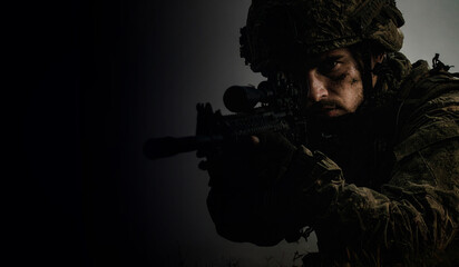 closeup face of a soldier aiming his target in darkness, war consept in hyper realistic illustration