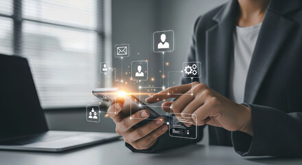 A person in a business suit uses a smartphone, interacting with various digital icons representing communication, user profiles, and business processes
