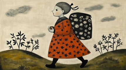 Whimsical illustration of girl in red dress walking through scenic landscape