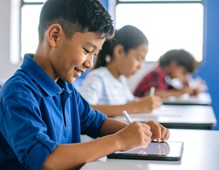 Diverse Students Using Tablets for Learning in Modern Classroom