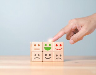 Customer Satisfaction and User Experience Concept – Hand Selecting Happy Face Emoji for Positive Feedback and Review Rating, Quality Service and Client Support Symbol