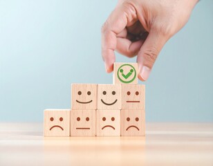 Customer Satisfaction and User Experience Concept – Hand Selecting Happy Face Emoji for Positive Feedback and Review Rating, Quality Service and Client Support Symbol